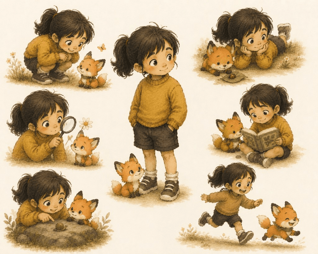 Fifi, a curious girl in a yellow sweater, and Momo, her small orange fox with a green scarf, exploring nature together